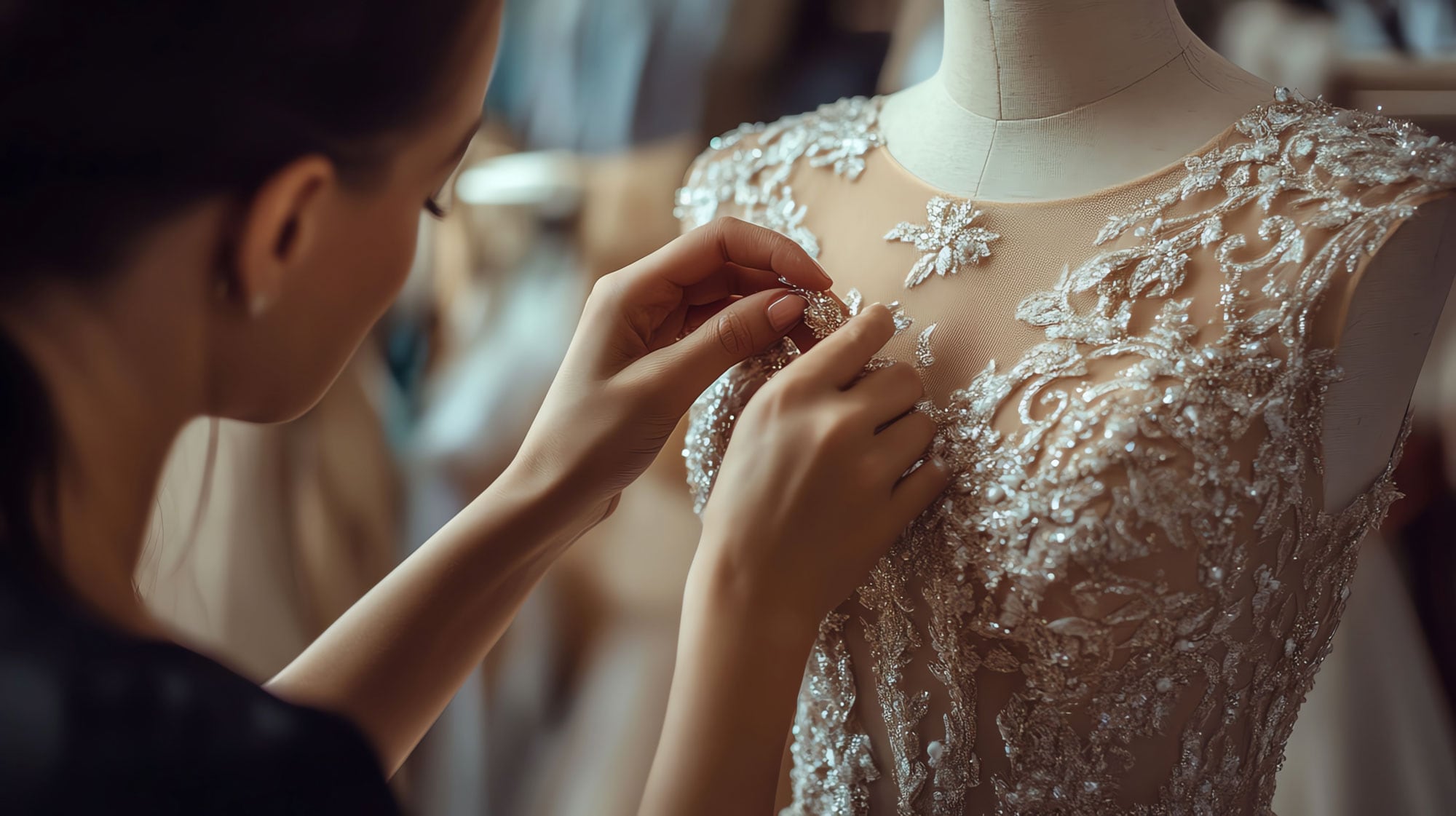 Jewelclues team member working on a bespoke dress, showcasing attention to detail and eco-conscious fabrics