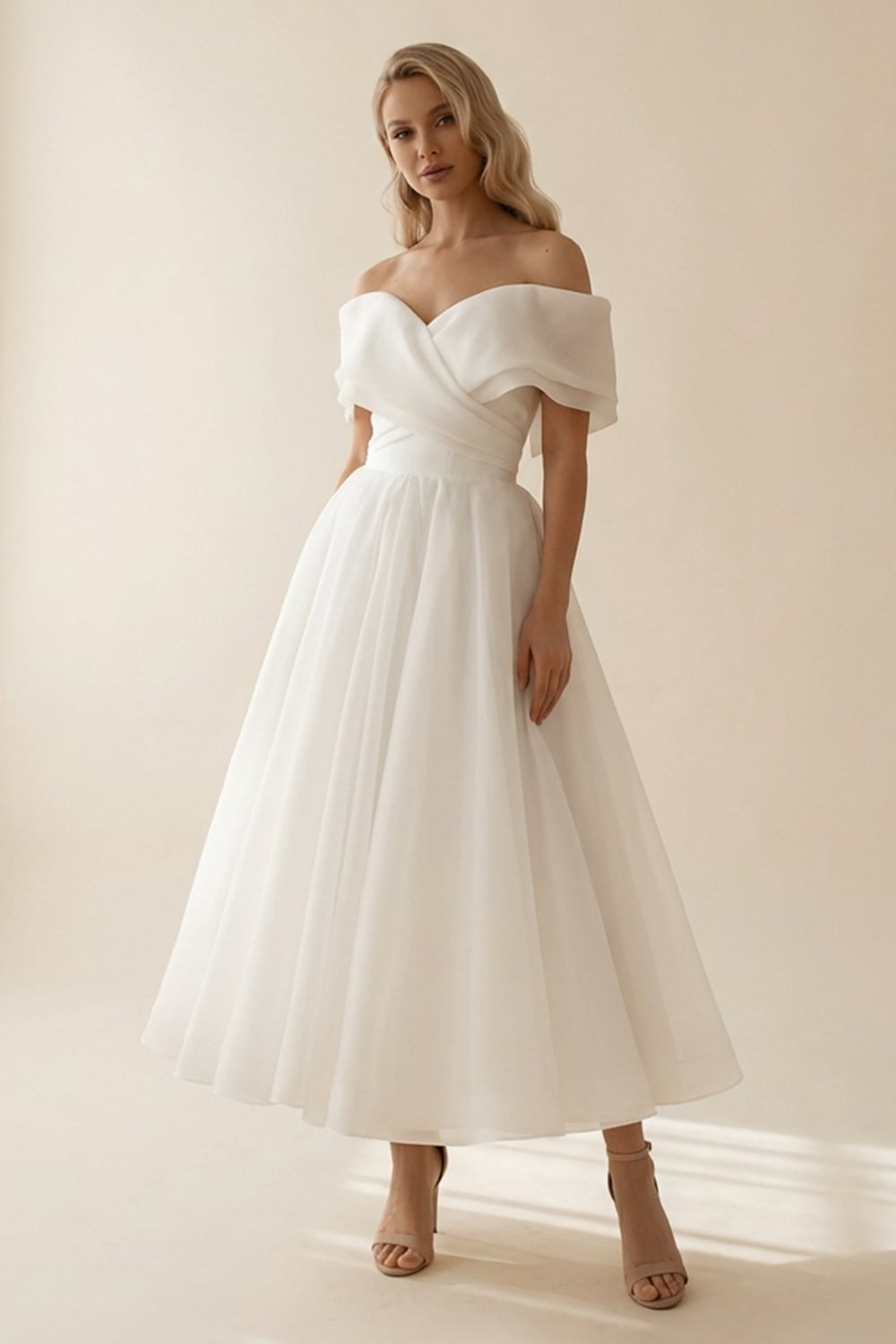 Adele Off-The-Shoulder Organza Midi Dress | Made-To-Order | JewelClues Adele Off-The-Shoulder Organza Midi Dress | Made-To-Order | JewelClues