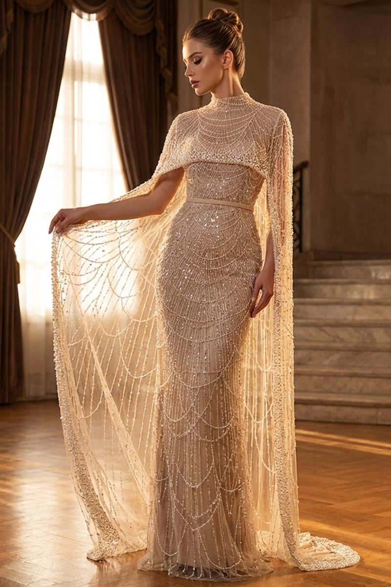 Alexandra Pearl Embellished Maxi Dress | Jewelclues | #color_champagne