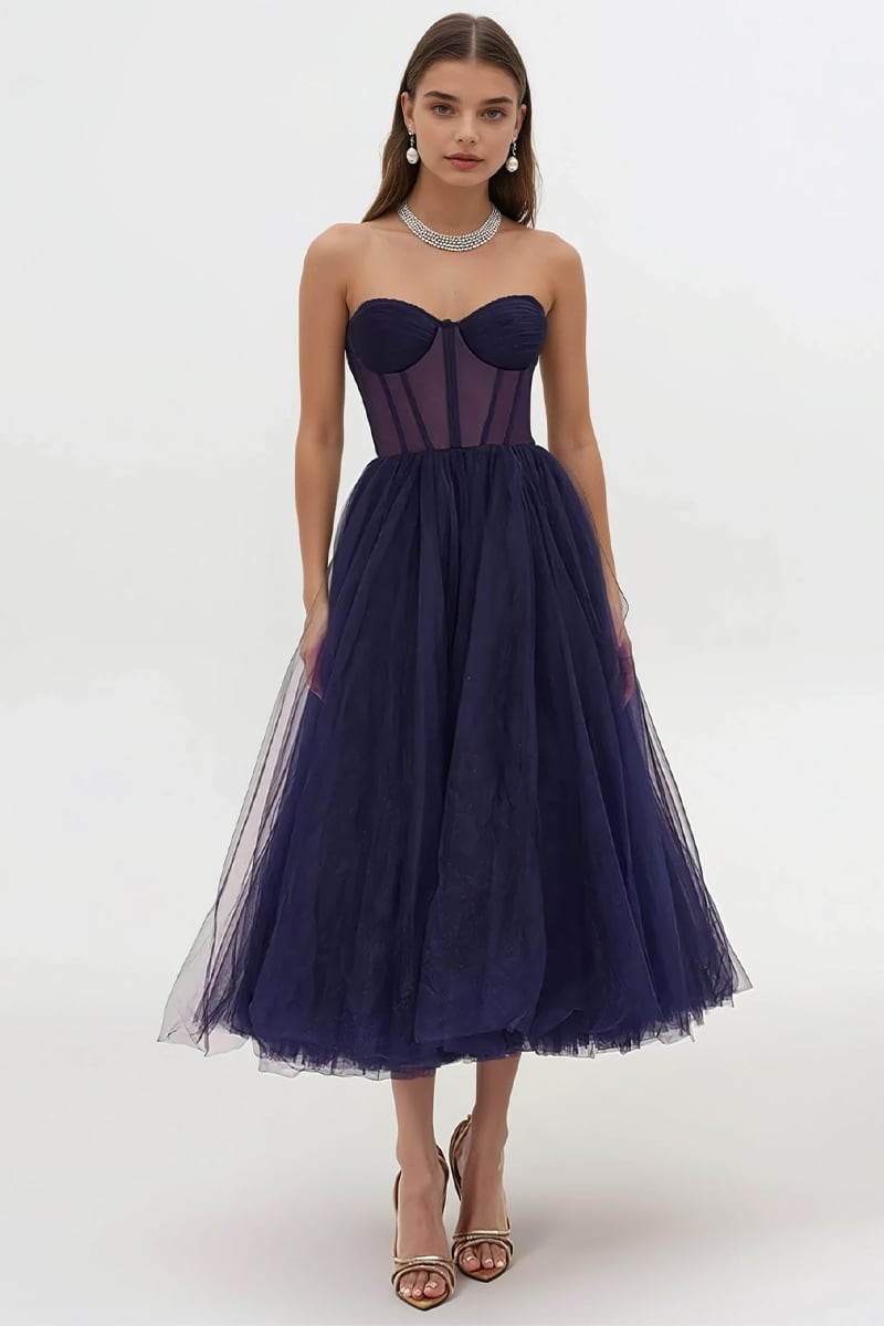 All For Love Strapless Tulle Midi Dress | Jewelclues | #color_navy blue