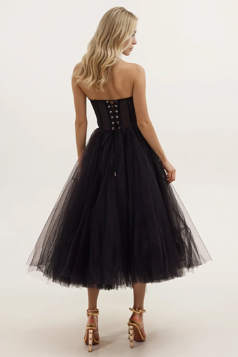All For Love Strapless Tulle Midi Dress | Jewelclues | #color_black
