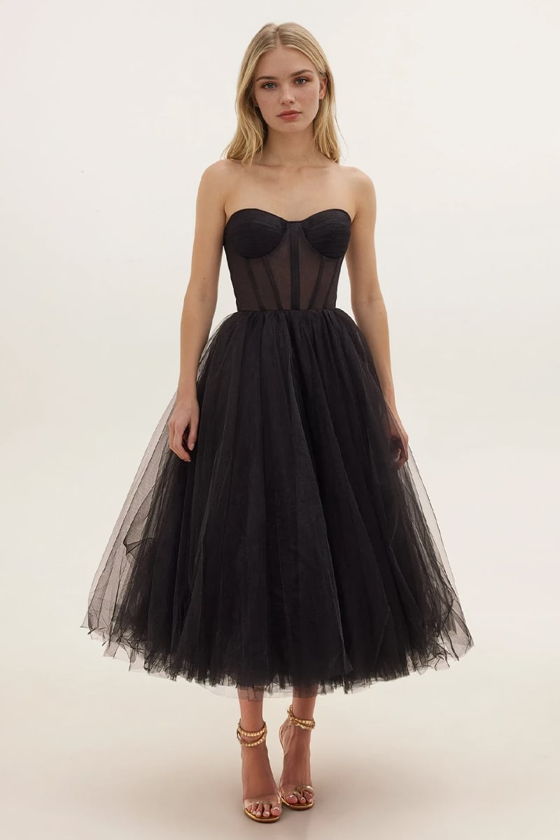 All For Love Strapless Tulle Midi Dress | Jewelclues | #color_black