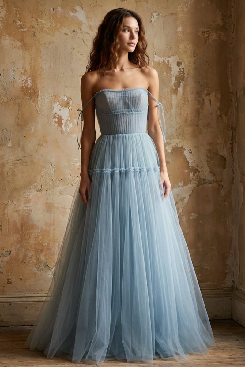 Alluring Beauty Tie-Strap Tulle Maxi Dress | Jewelclues | #color_dusty blue