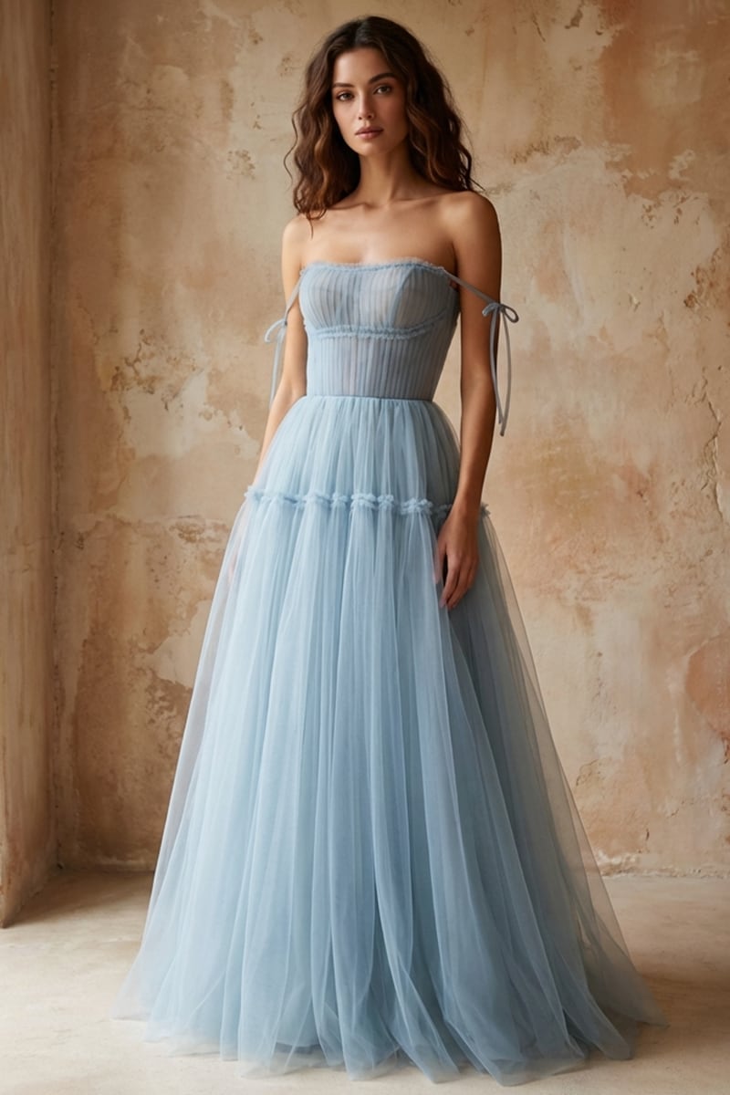 Alluring Beauty Tie-Strap Tulle Maxi Dress | Jewelclues | #color_dusty blue