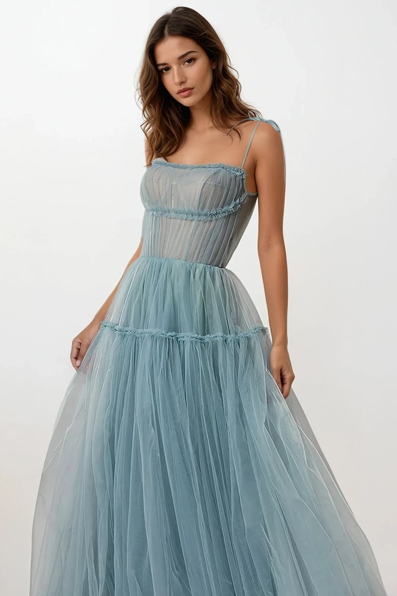 Alluring Beauty Tie-Strap Tulle Maxi Dress | Jewelclues | #color_dusty blue