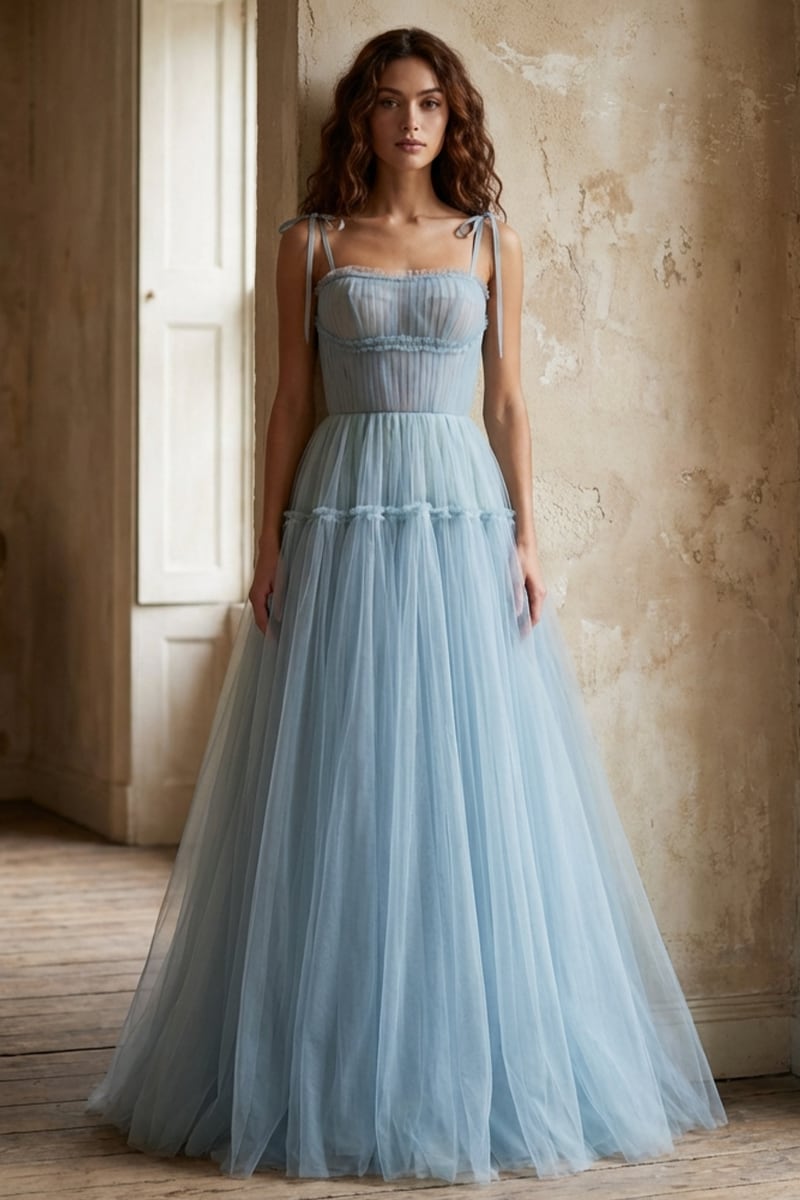 Alluring Beauty Tie-Strap Tulle Maxi Dress | Jewelclues | #color_dusty blue