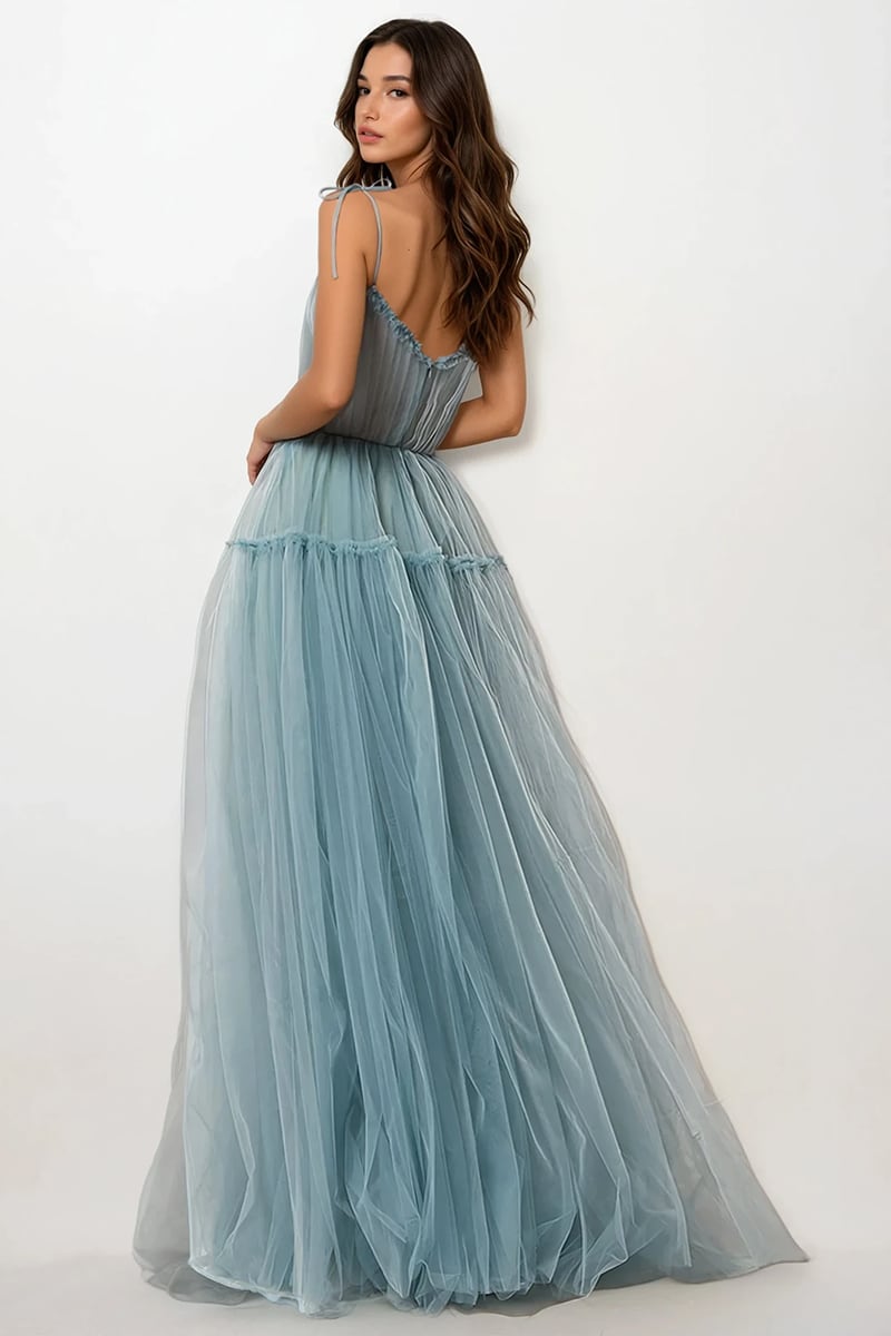 Alluring Beauty Tie-Strap Tulle Maxi Dress | Jewelclues | #color_dusty blue
