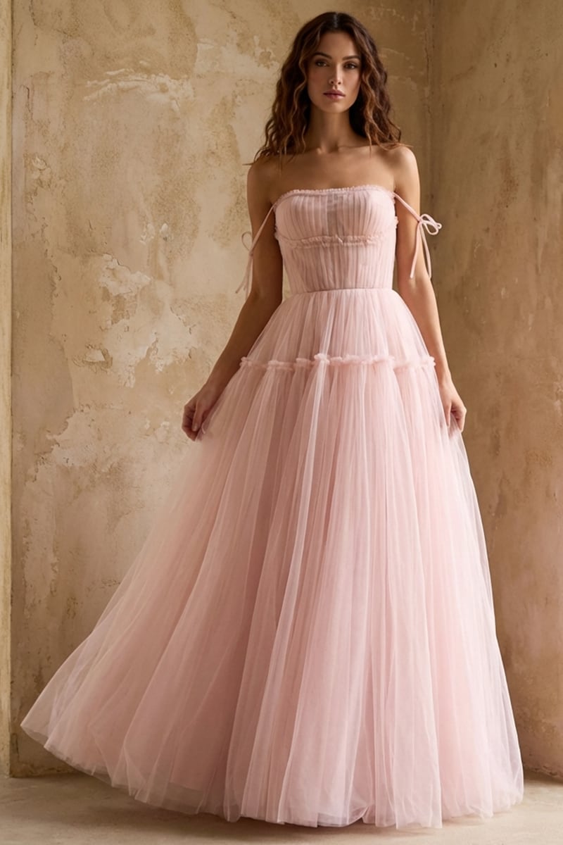 Alluring Beauty Tie-Strap Tulle Maxi Dress | Jewelclues | #color_blush pink