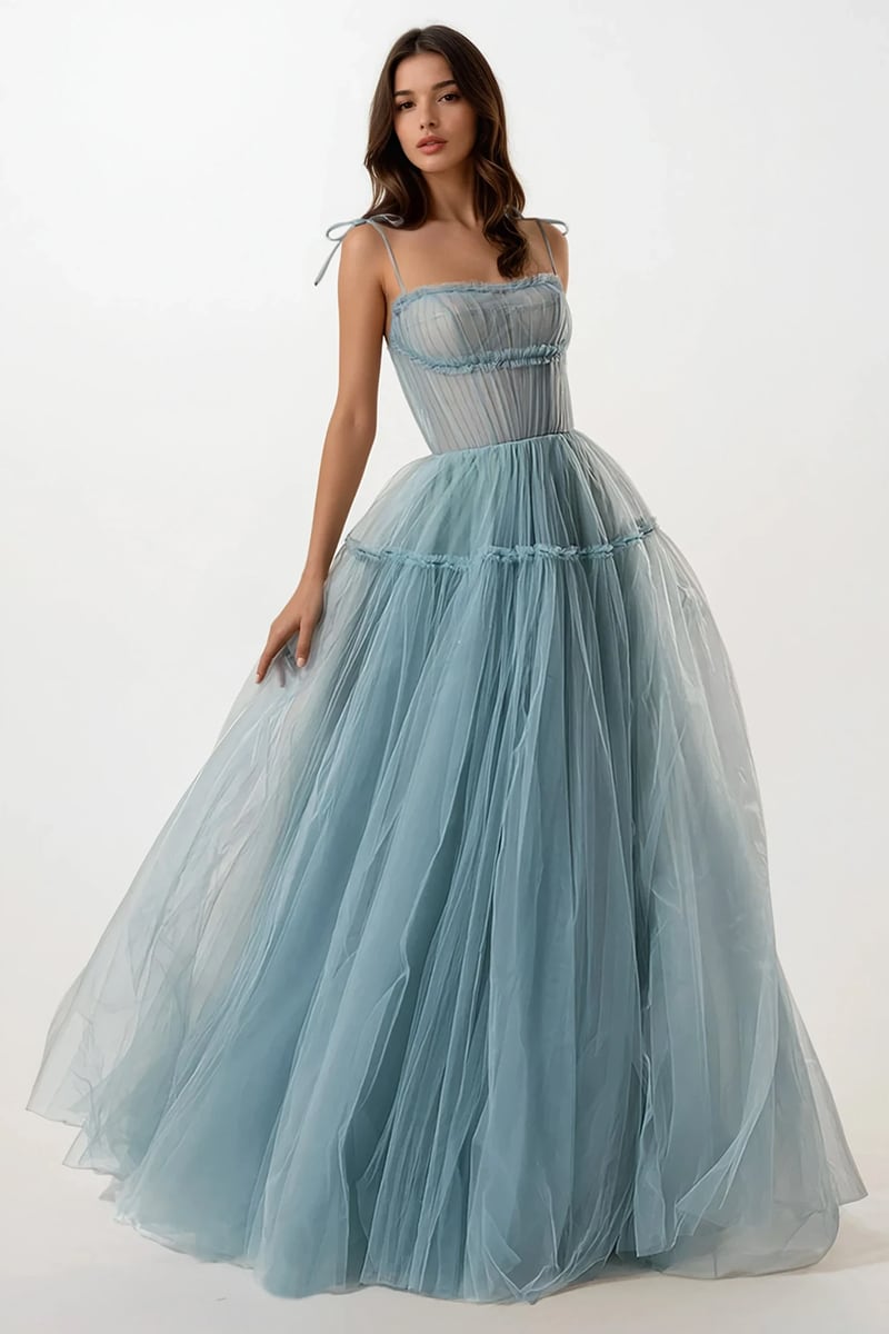Alluring Beauty Tie-Strap Tulle Maxi Dress | Jewelclues | #color_dusty blue