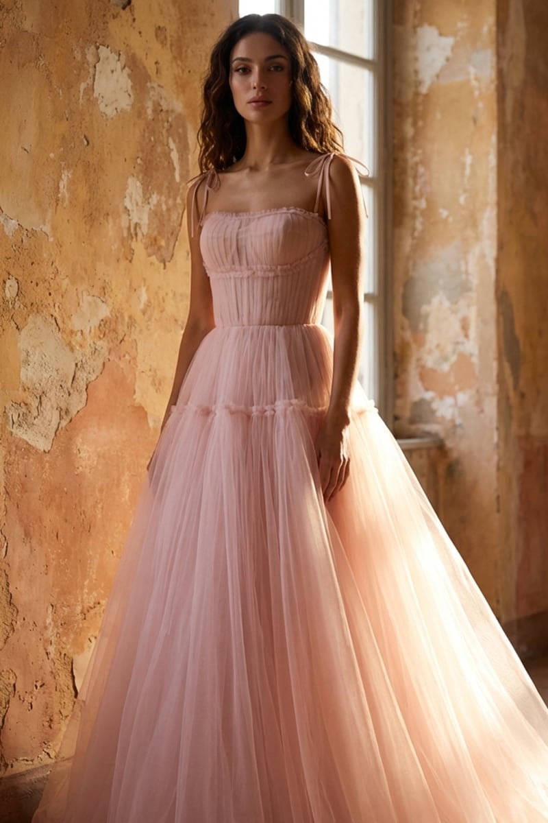 Alluring Beauty Tie-Strap Tulle Maxi Dress | Jewelclues | #color_blush pink