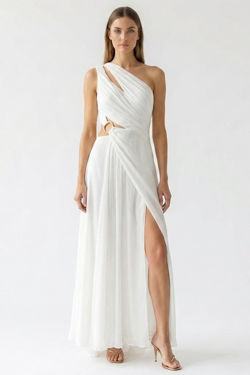 white chiffon one shoulder dress Off White Asymmetric One-Shoulder Chiffon Gown with Waist Tie