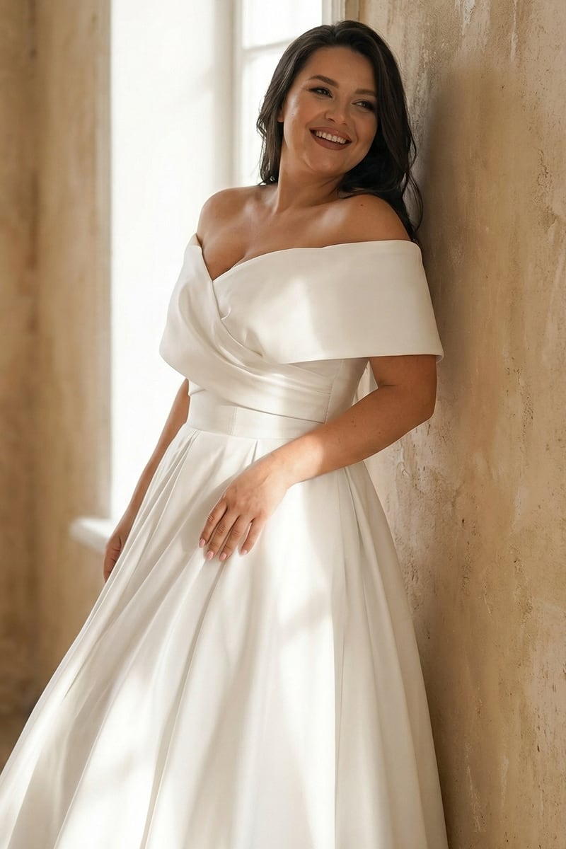 Alysha Off Shoulder Satin Midi Wedding Dress | Jewelclues