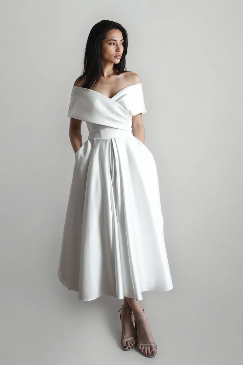 Alysha Off Shoulder Satin Midi Wedding Dress | Jewelclues