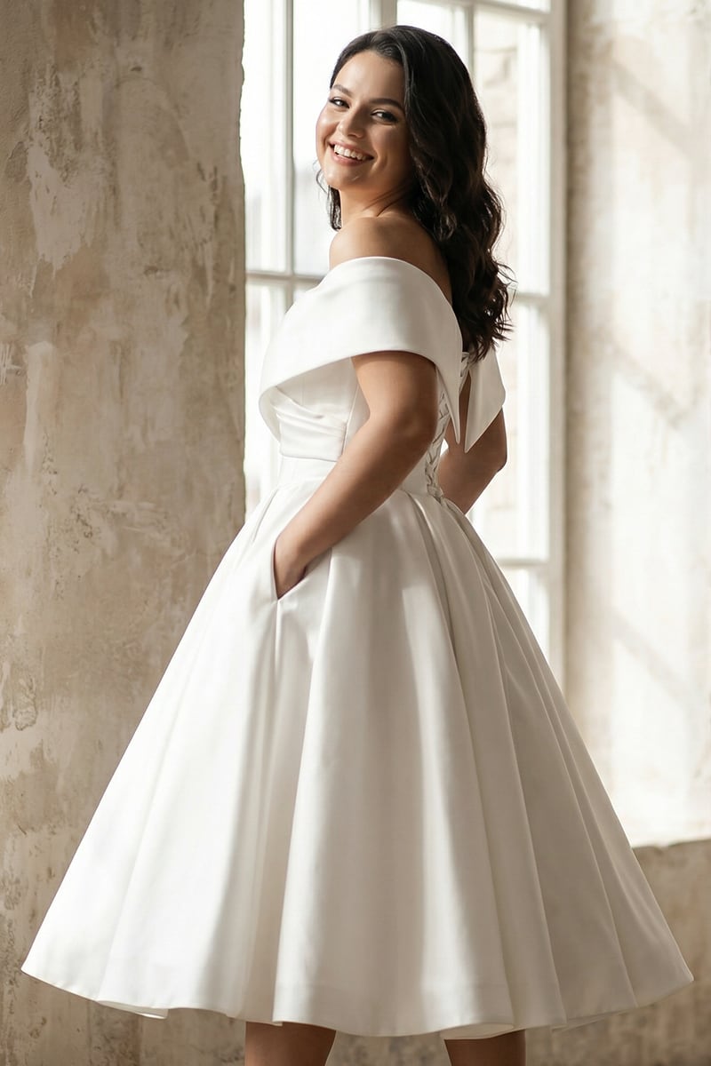 Alysha Off Shoulder Satin Midi Wedding Dress | Jewelclues