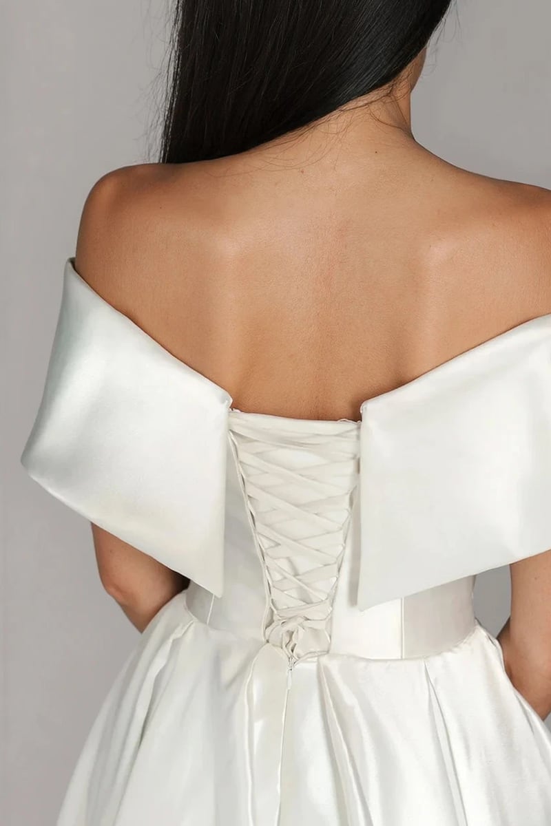 Alysha Off Shoulder Satin Midi Wedding Dress | Jewelclues