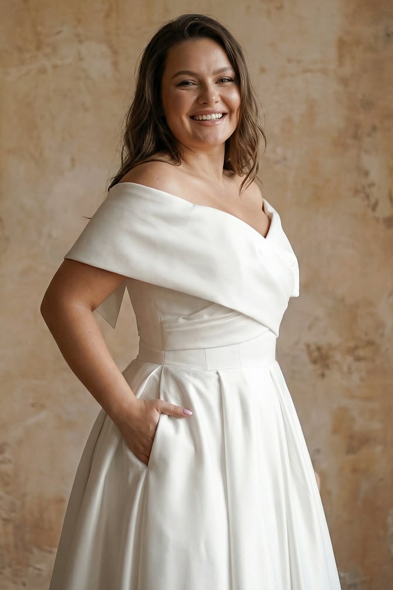 Alysha Off Shoulder Satin Midi Wedding Dress | Jewelclues