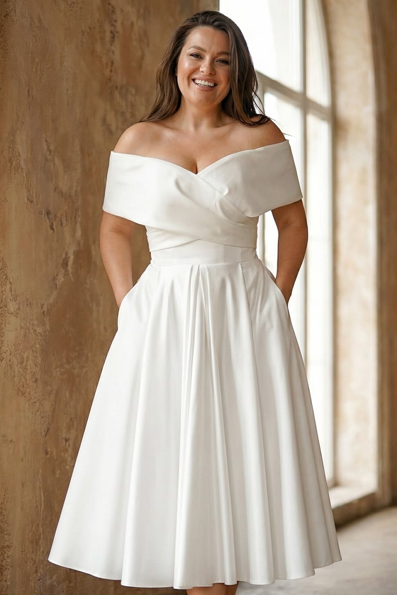 knee length dresses for ladies Alysha Off Shoulder Satin Midi Wedding Dress | Made-To-Order