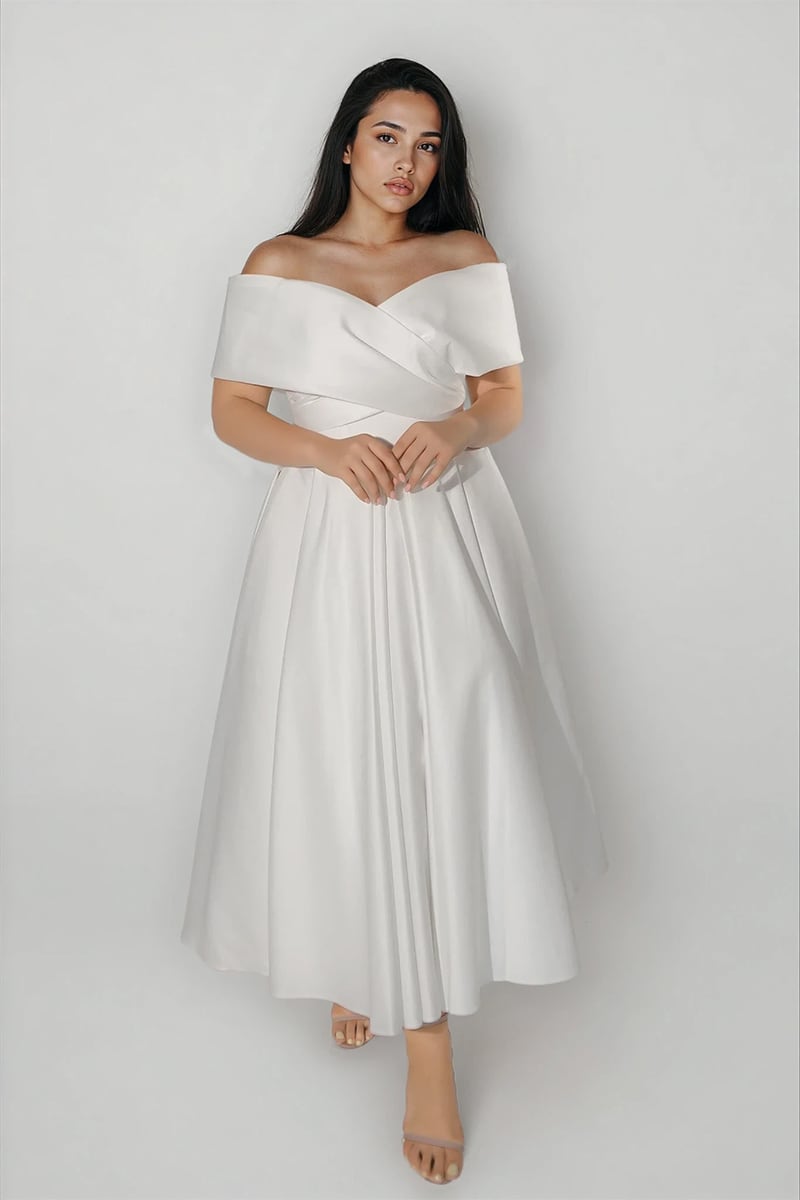 Alysha Off Shoulder Satin Midi Wedding Dress | Jewelclues