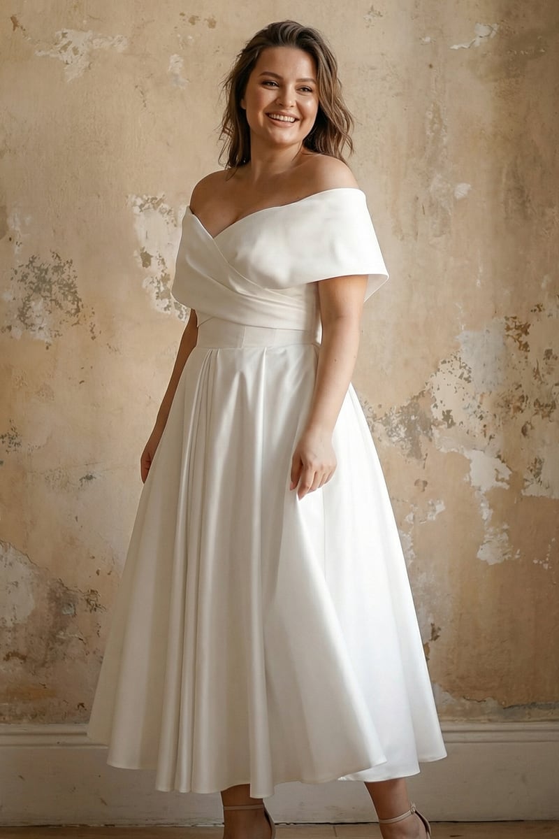 Alysha Off Shoulder Satin Midi Wedding Dress | Jewelclues