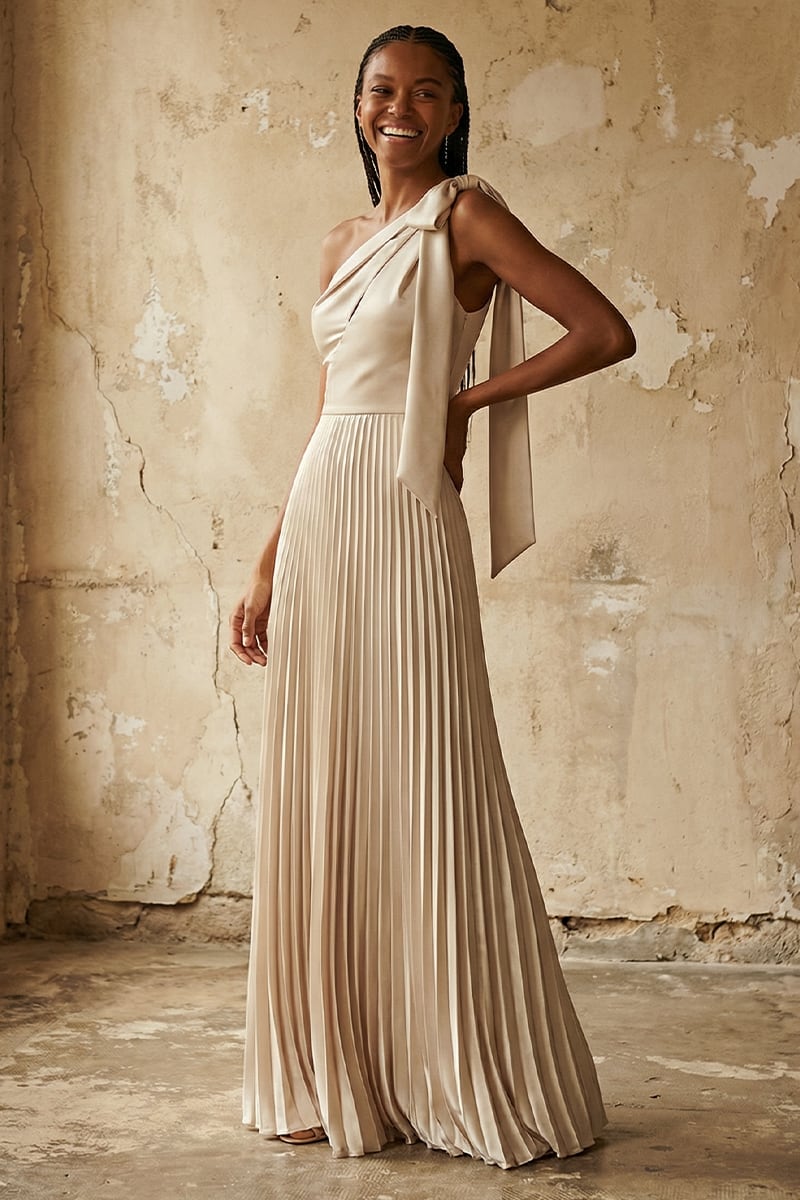 Ambra One-Shoulder Pleated Satin Gown | JewelClues #color_champagne