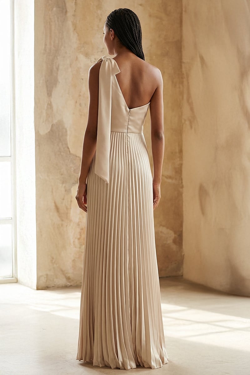 Ambra One-Shoulder Pleated Satin Gown | JewelClues #color_champagne