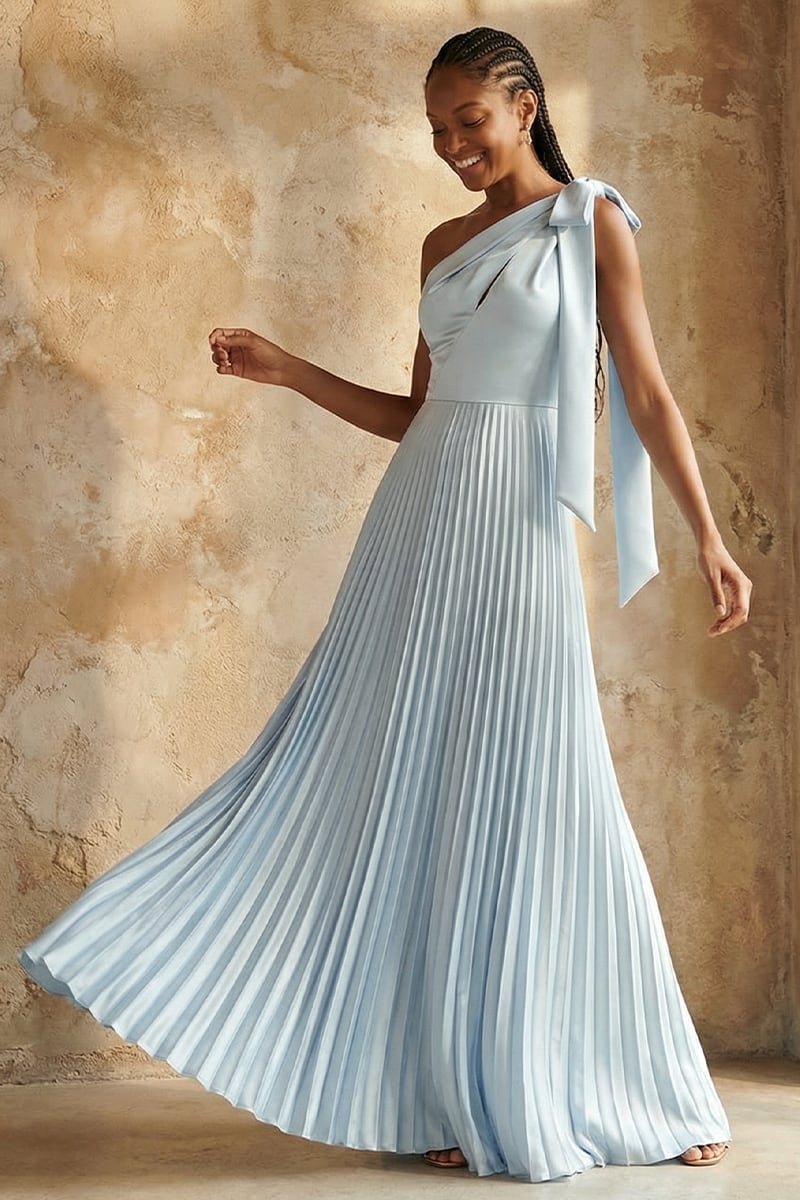 Ambra One-Shoulder Pleated Satin Gown | JewelClues #color_light blue