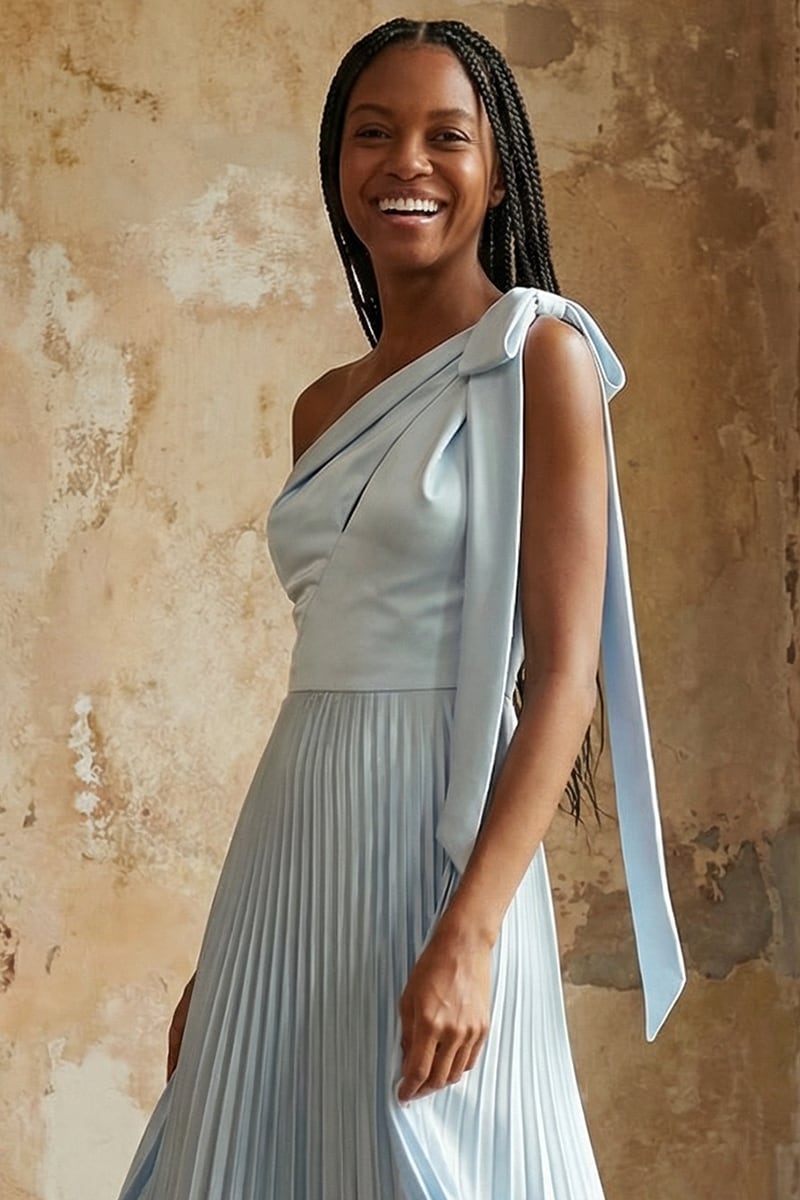 Ambra One-Shoulder Pleated Satin Gown | JewelClues #color_light blue