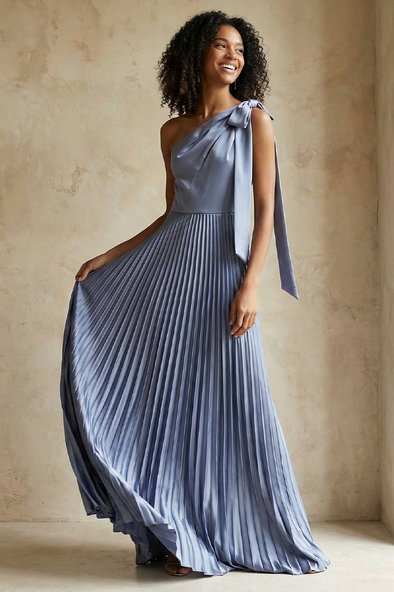 Ambra One-Shoulder Pleated Satin Gown | JewelClues #color_slate