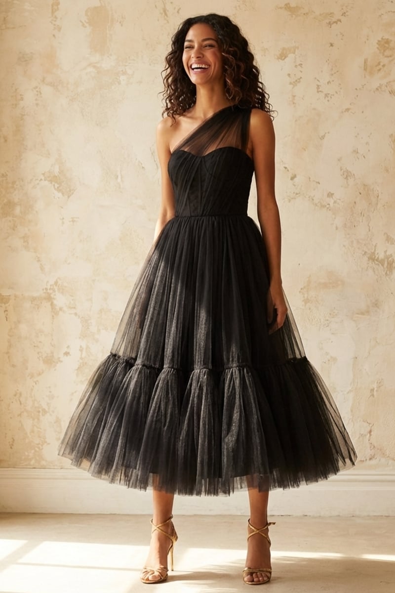 Amelie One-Shoulder Midi Dress | Jewelclues #color_black