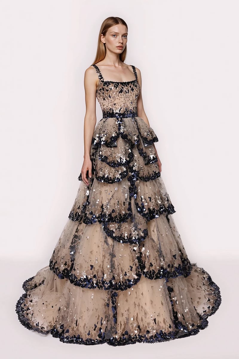 Anouk Tiered Sequin Couture Gown | Jewelclues