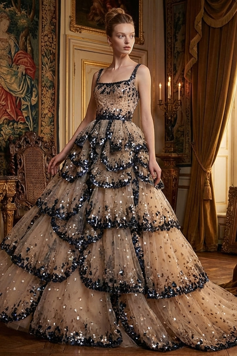 Anouk Tiered Sequin Couture Gown | Jewelclues