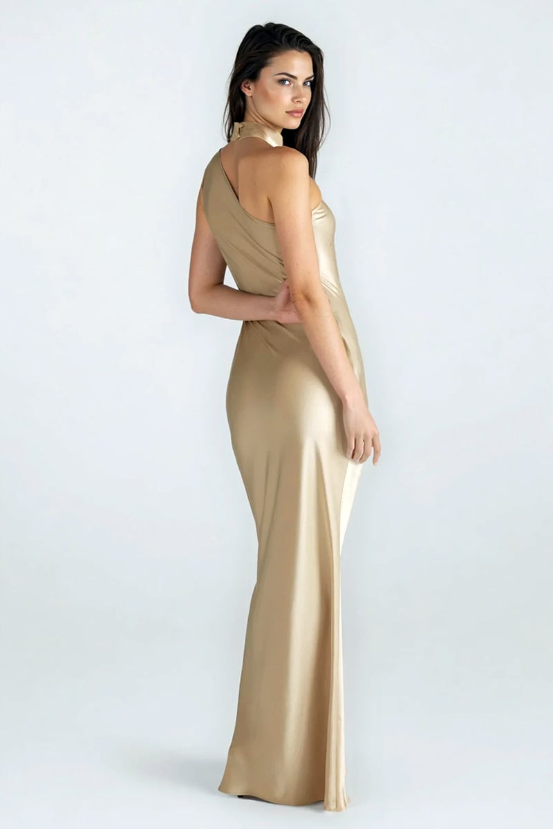 Arden One-Shoulder Satin Gown | Jewelclues #color_champagne