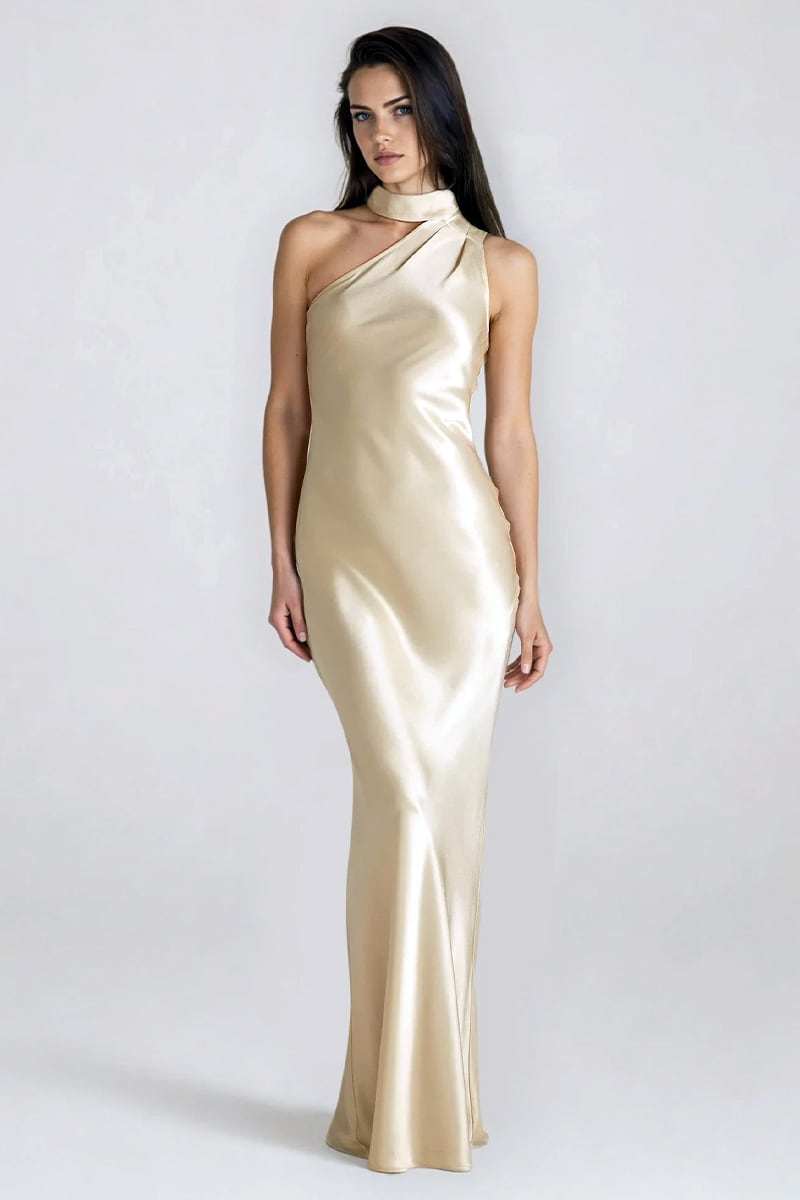 Arden One-Shoulder Satin Gown | Jewelclues #color_champagne