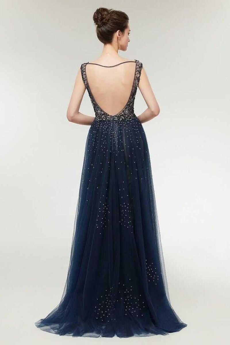 Asheville Embellished Backless Maxi Dress | Jewelclues #color_navy blue