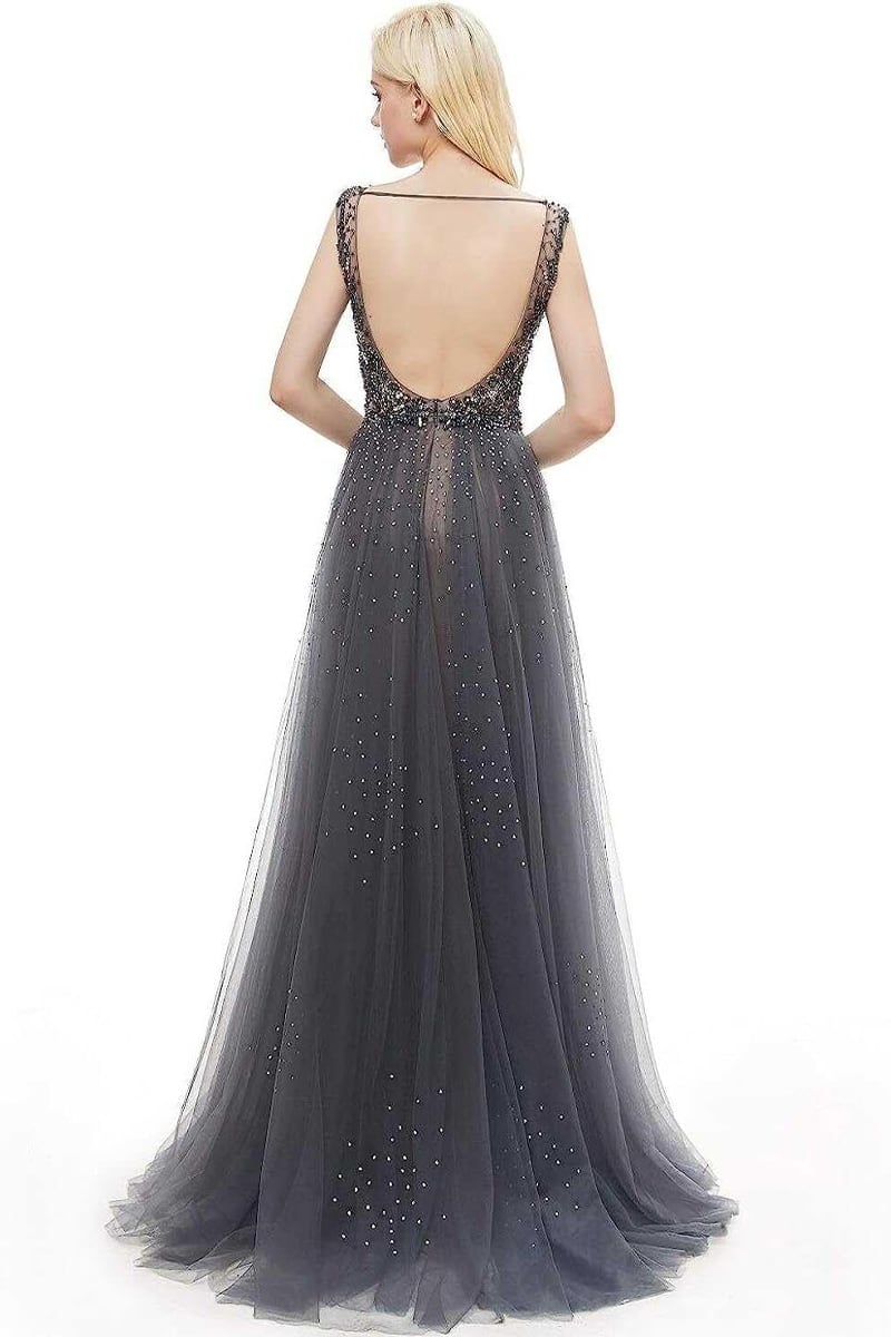 Asheville Embellished Backless Maxi Dress | Jewelclues #color_gray