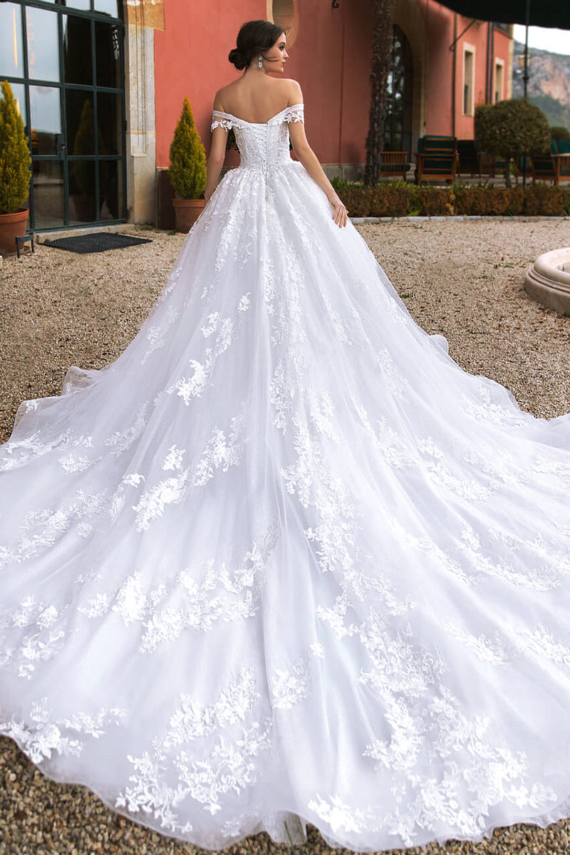 Athens Lace Applique Off-the-Shoulder Wedding Dress | Jewelclues | #color_white