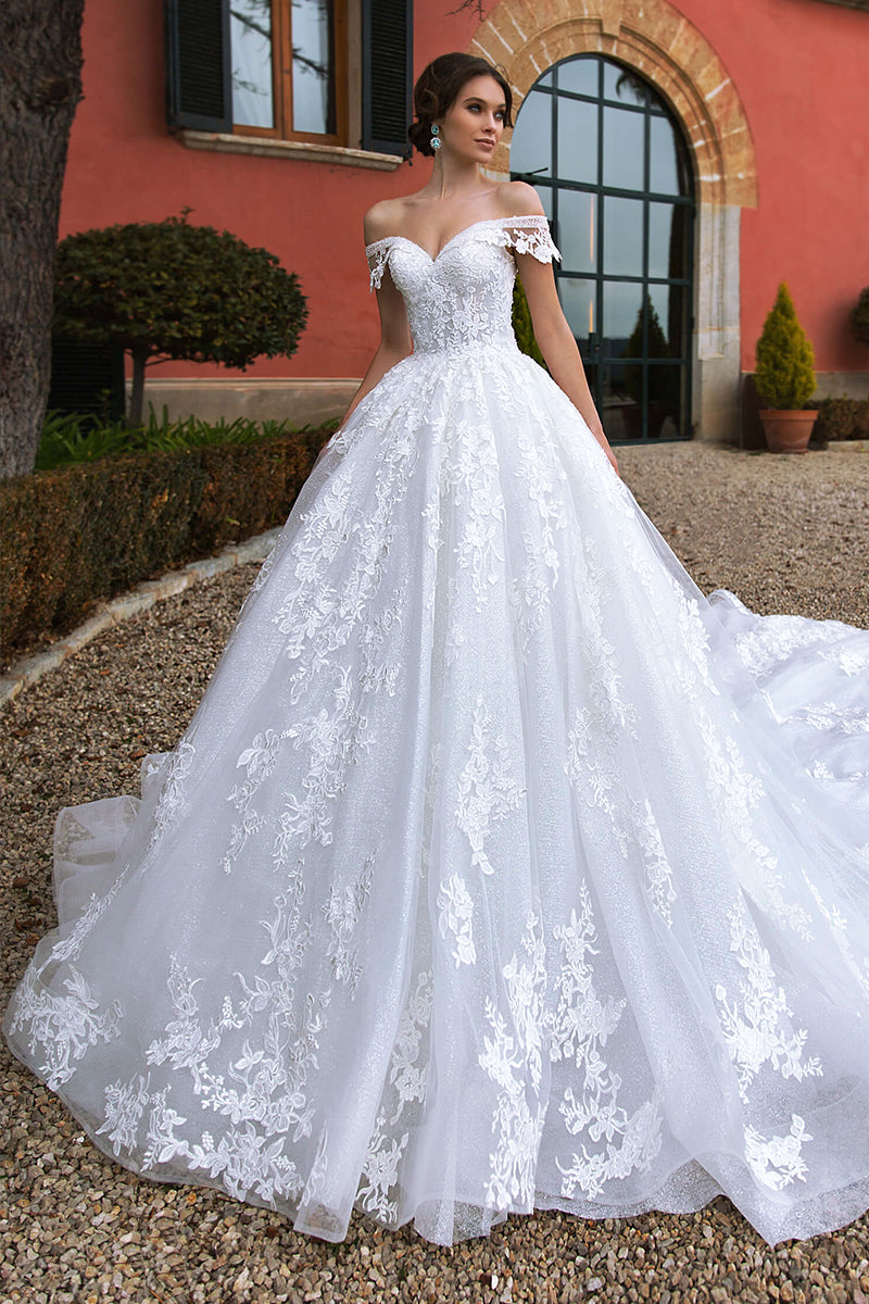 Athens Lace Applique Off-the-Shoulder Wedding Dress | Jewelclues | #color_white