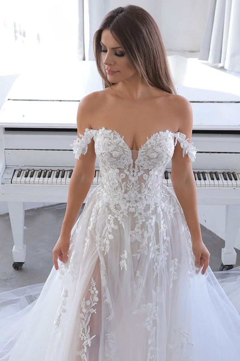 Color_White | Athens Off-The-Shoulder A-line Wedding Dress | Jewelclues