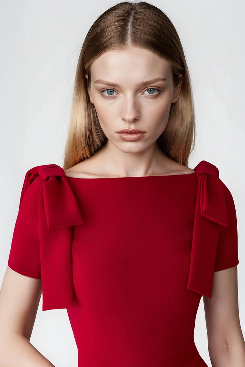 Ava Bow Shoulder A-Line Midi Dress | Jewelclues #color_red