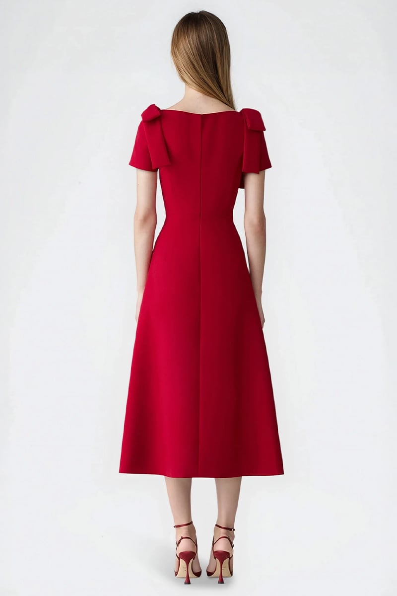 Ava Bow Shoulder A-Line Midi Dress | Jewelclues #color_red