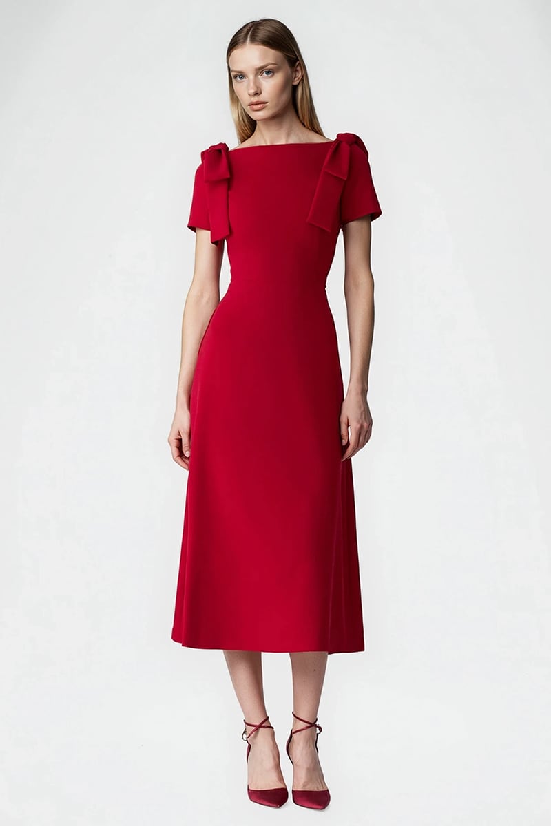 Ava Bow Shoulder A-Line Midi Dress | Jewelclues #color_red