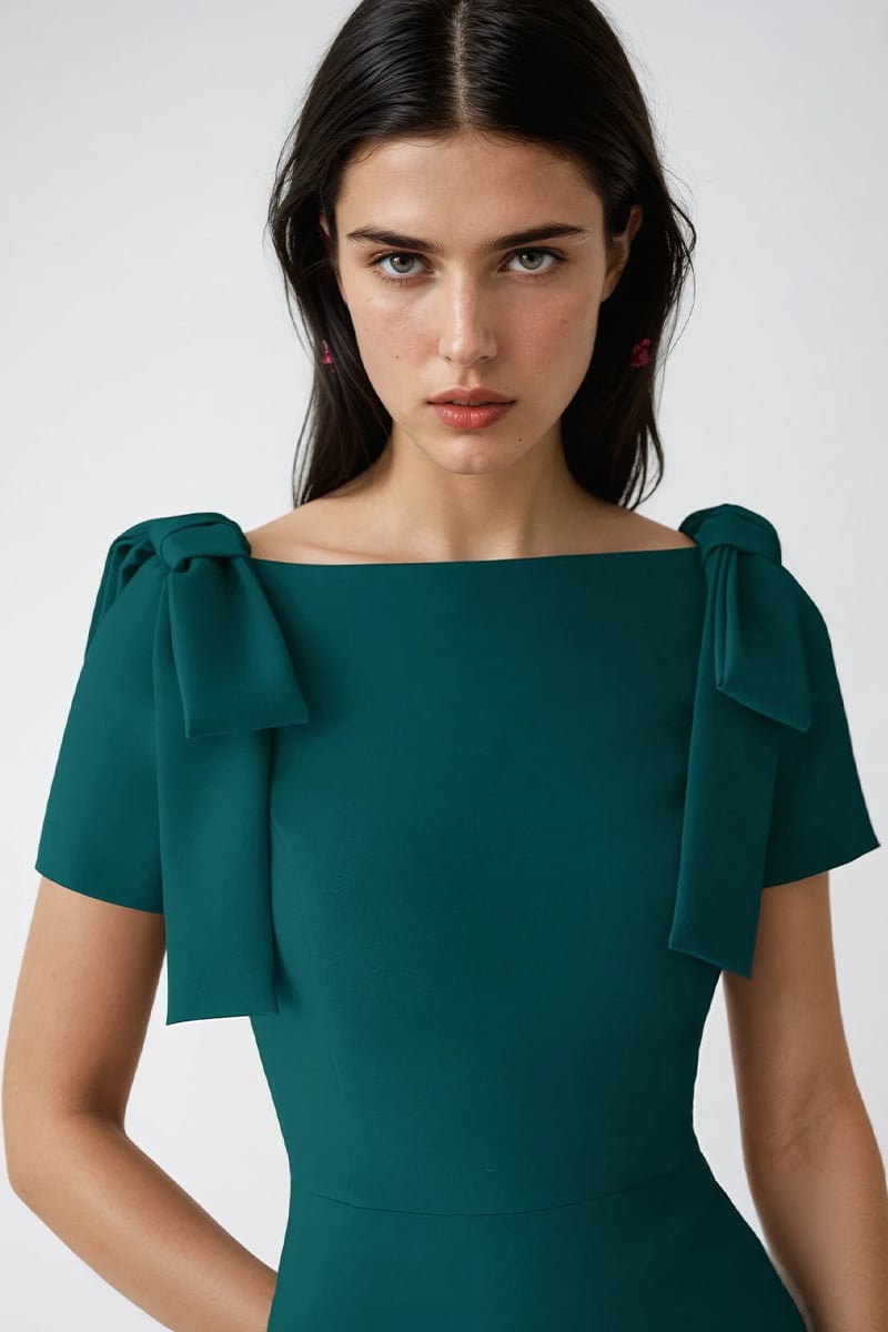 Ava Bow Shoulder A-Line Midi Dress | Jewelclues #color_green