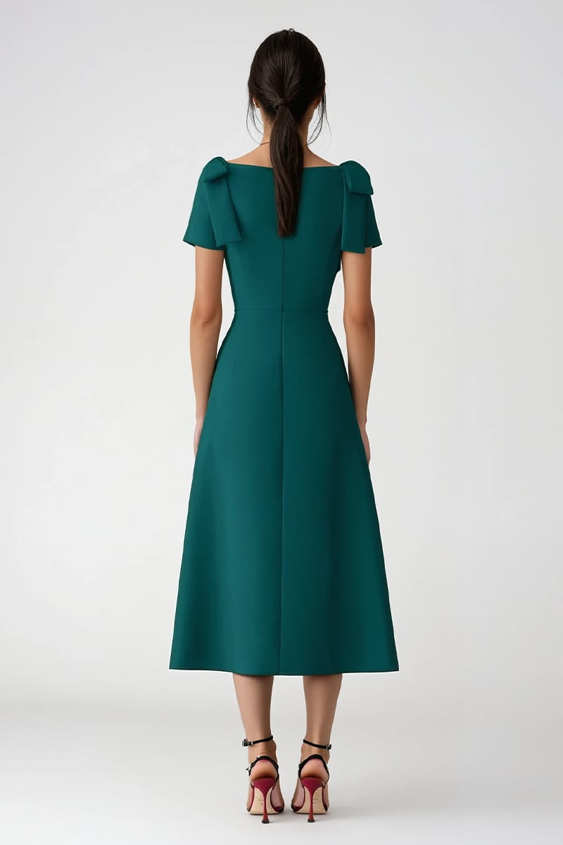 Ava Bow Shoulder A-Line Midi Dress | Jewelclues #color_green