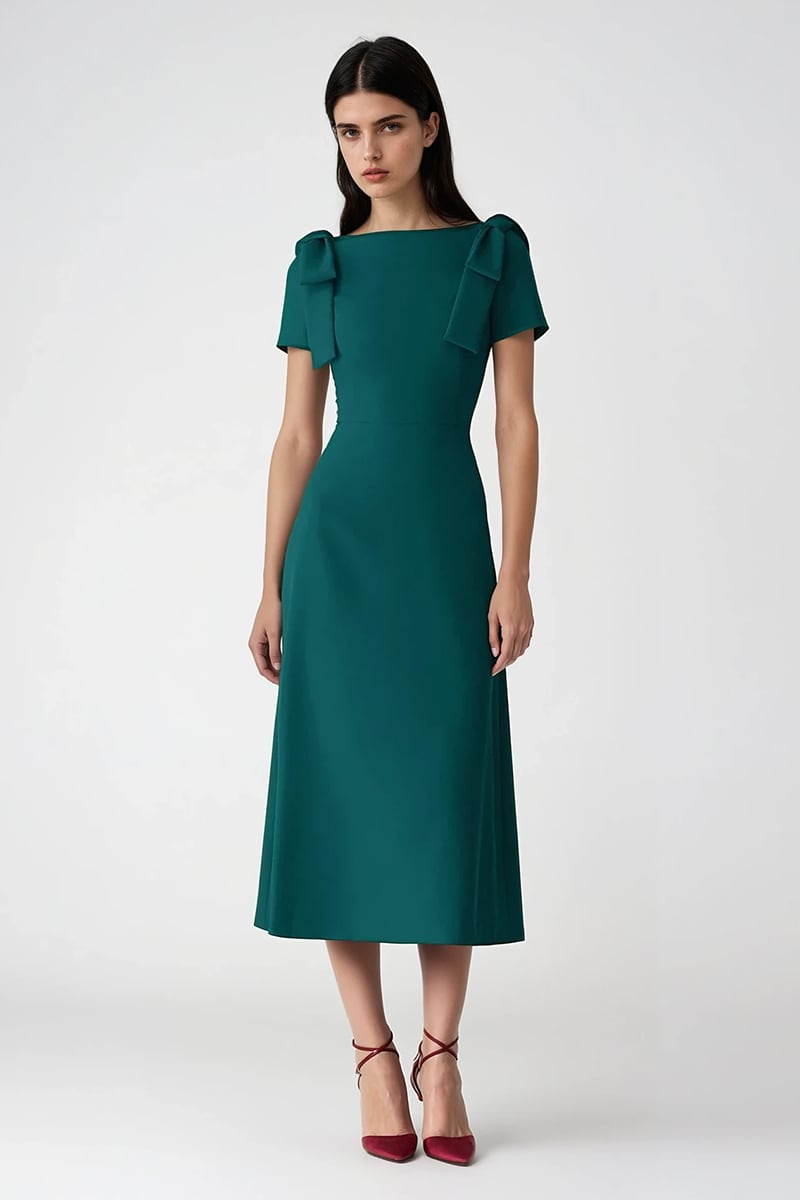 Ava Bow Shoulder A-Line Midi Dress | Jewelclues #color_green
