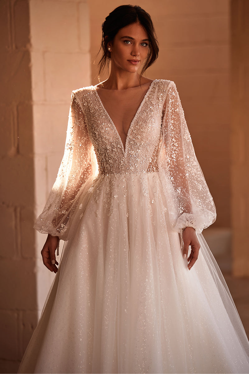 Beloved Long Sleeve Beaded Wedding Dress | Jewelclues