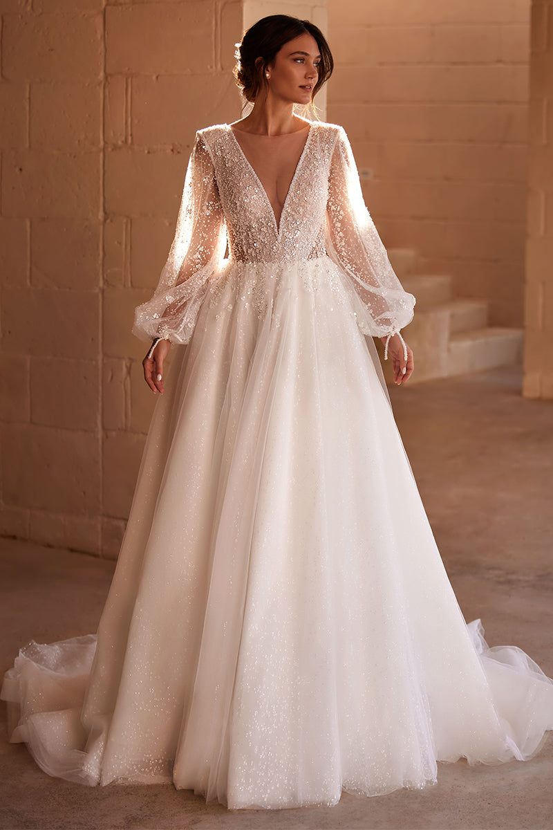 Beloved Long Sleeve Beaded Wedding Dress | Jewelclues