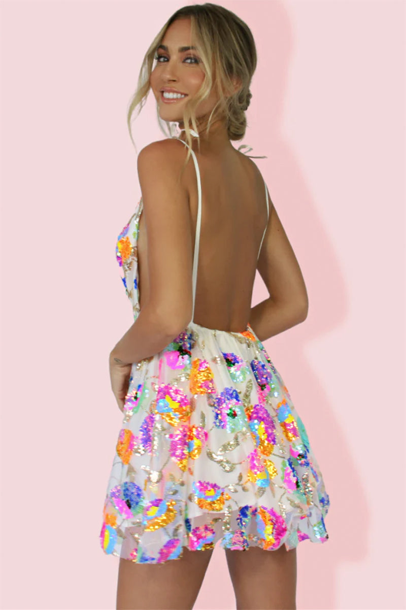 Blissful Goddess Sequin Backless Mini Dress | Jewelclues | #color_white