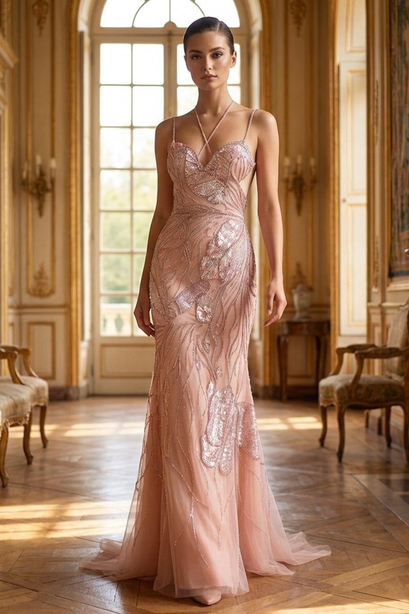 Calista Bias-Cut Embellished Gown | JewelClues #color_dusty pink