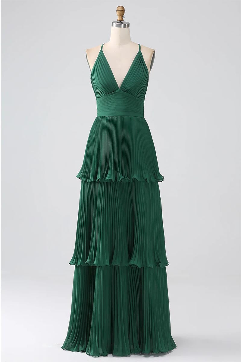Caterina Pleated Tiered Maxi Dress | Jewelclues #color_emerald green