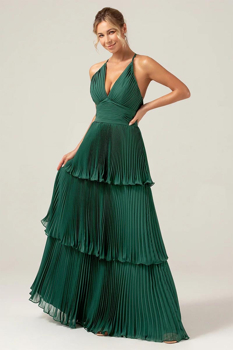 Caterina Pleated Tiered Maxi Dress | Jewelclues #color_emerald green